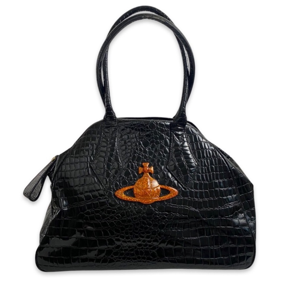 Vivienne Westwood Black Croc-Embossed Bag with Orange Logo